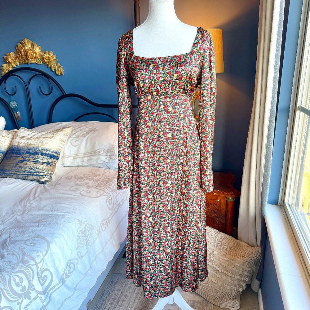 Square Neck Midi Black Floral Dress